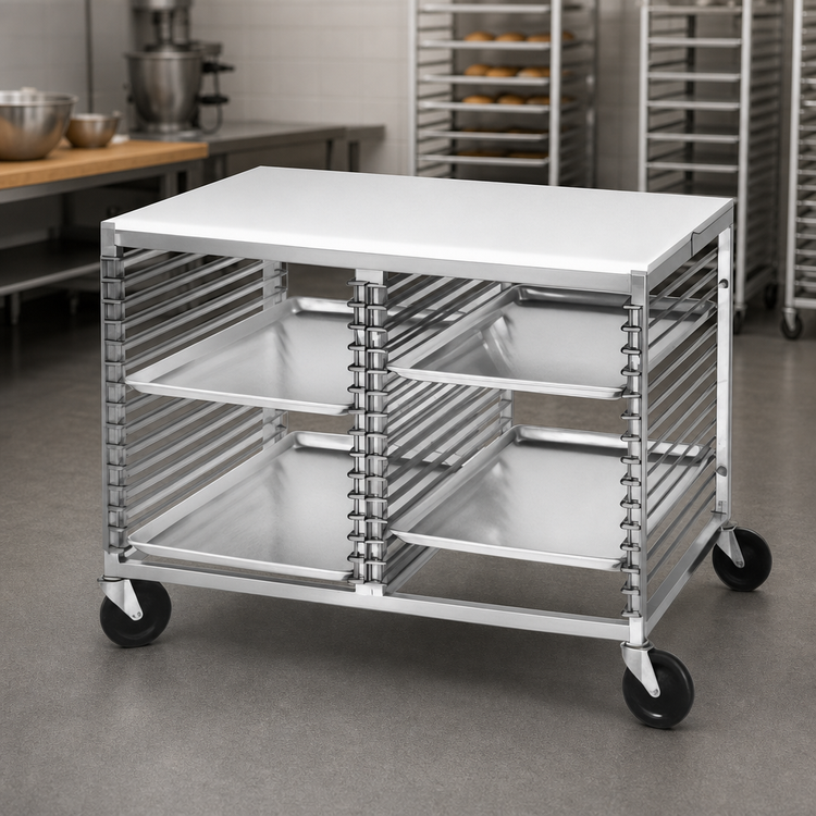 Product image #3 for 42 Inch x 25 Inch Double Section Aluminum Bun Pan Rack Work Table with Poly Top