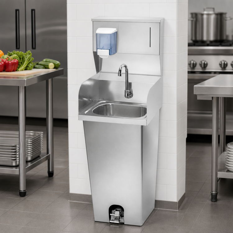 Product image #3 for Krowne Pedestal-Mounted Stainless Steel Hand Sink with Foot Pedal Valve, Side Splashes, and Soap/Towel Dispenser