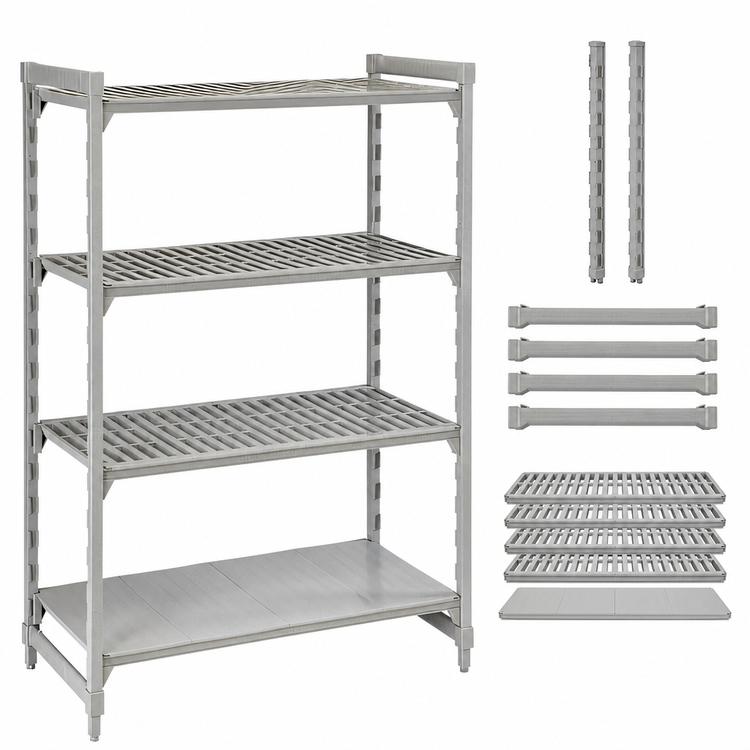 Product image #4 for Cambro Camshelving Premium 4-Tier Stationary Starter Shelving Unit, 60" x 18" x 64", 3 Vented + 1 Solid Shelves