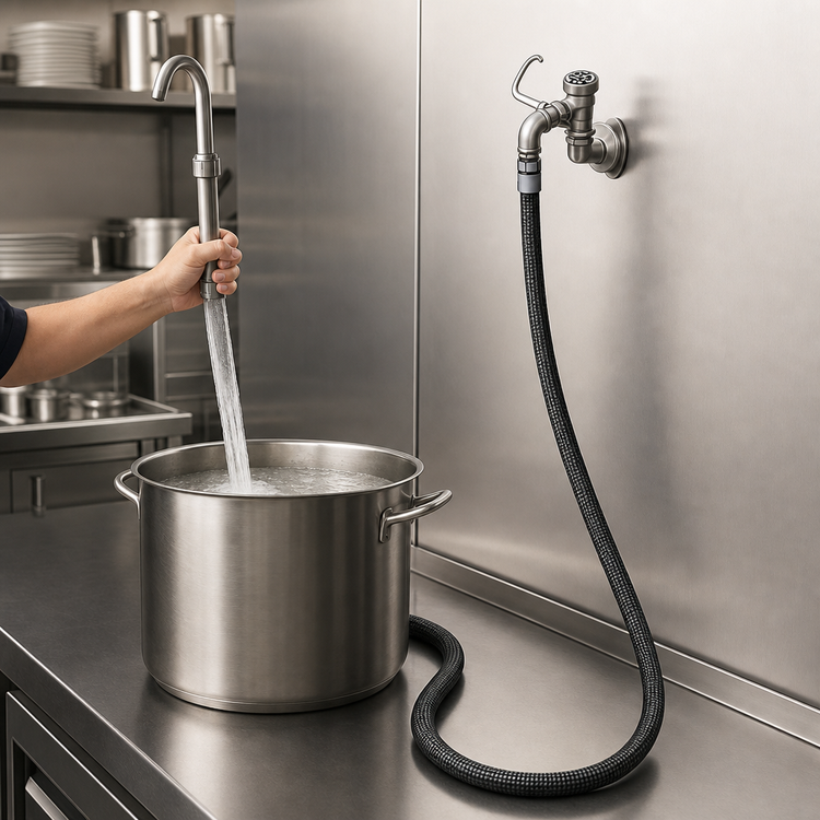 Product image #3 for T&S Brass B-0601 Wall-Mount Pot Filler Faucet with Vacuum Breaker, 68-Inch Flexible Stainless Steel Hose, and Hook Nozzle