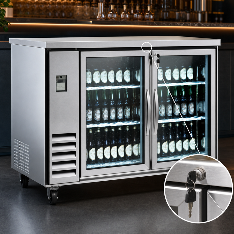 Product image #3 for IKON Refrigeration IBB61-2G-24SS Two-Section Stainless Steel Glass Door Back Bar Cooler, 14.16 Cu. Ft.
