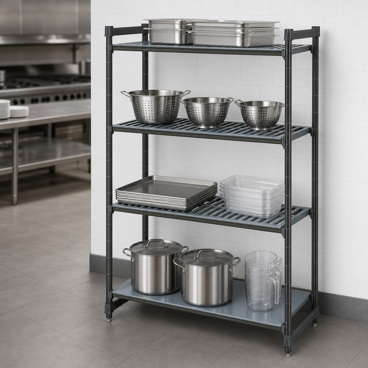 Product image #3 for Cambro Camshelving Basics Plus 4-Tier Stationary Starter Unit, 24"W x 60"L x 64"H, 3 Vented + 1 Solid, Brushed Graphite