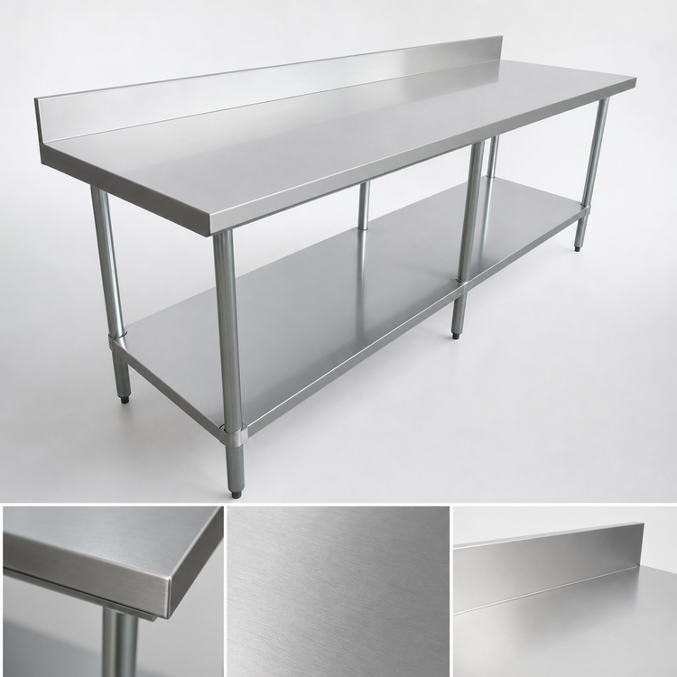 Product image #3 for Omcan Elite Series 84-Inch Stainless Steel Work Table with 4-Inch Backsplash and Undershelf