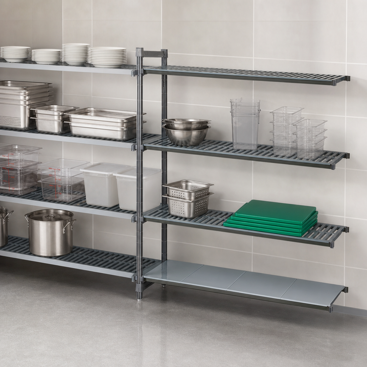 Product image #3 for Cambro Camshelving Basics Plus 4-Tier Add-On Polymer Shelving Unit, 54-Inch Wide x 18-Inch Deep x 64-Inch High, Vented/Solid, Brushed Graphite