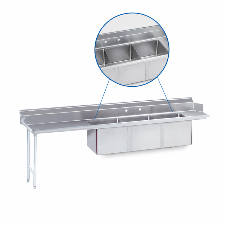 Product image #3 for Advance Tabco 107-Inch Straight 3-Compartment Sink Dishtable with Left Drainboard and 18 x 24 Bowls