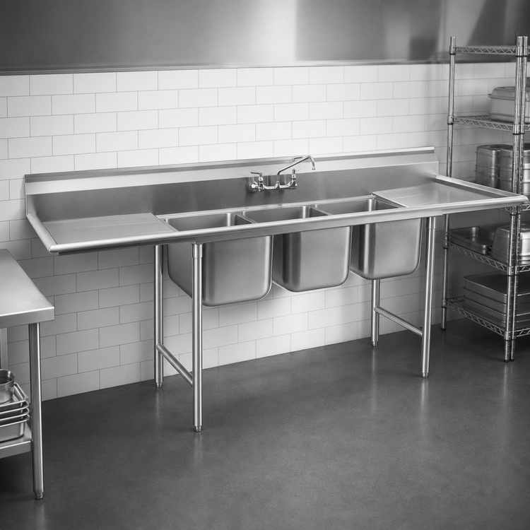 Product image #3 for Eagle Group 314 Series 3-Compartment 304 Stainless Steel Sink with Left and Right Drainboards, 96-Inch