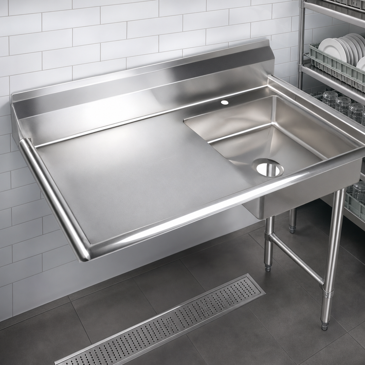 Product image #3 for 48 x 28 Inch Undercounter Stainless Steel Dish Table with Left Drainboard and Right Pre-Rinse Sink