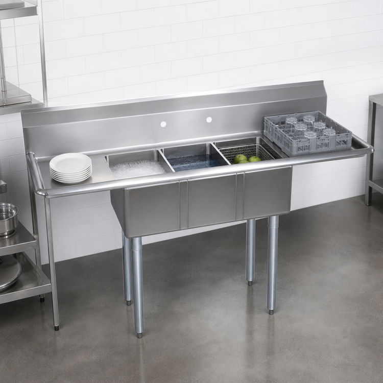 Product image #3 for BK Resources 66-Inch Three-Compartment Convenience Store Sink with Left and Right Drainboards and 9-Inch Backsplash