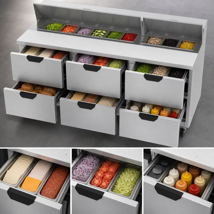 Product image #4 for Beverage-Air 72-Inch Three-Section Refrigerated Sandwich Prep Table with 6 Drawers and 18-Pan Capacity