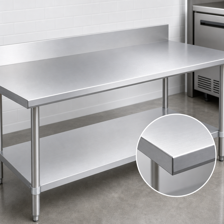 Product image #3 for Duke 72-Inch x 36-Inch 14-Gauge 300 Series Stainless Steel Work Table with 5-Inch Riser and Galvanized Undershelf