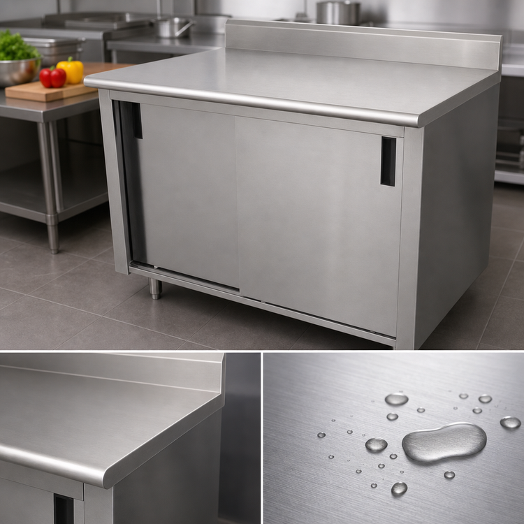Product image #3 for Advance Tabco Special Value Economy Cabinet Base Work Table, 96 Inch x 30 Inch, 16 Gauge 304 Stainless Steel Top, Sliding Doors and 5 Inch Backsplash