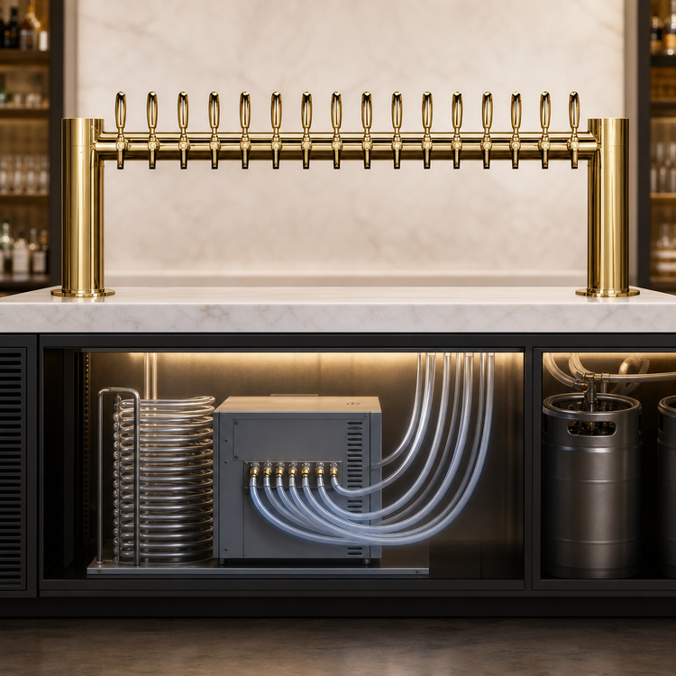 Product image #3 for Metropolis H-Style Countertop Glycol-Cooled 16-Faucet Draft Beer Tower, 56 Inch Wide, PVD Brass Finish