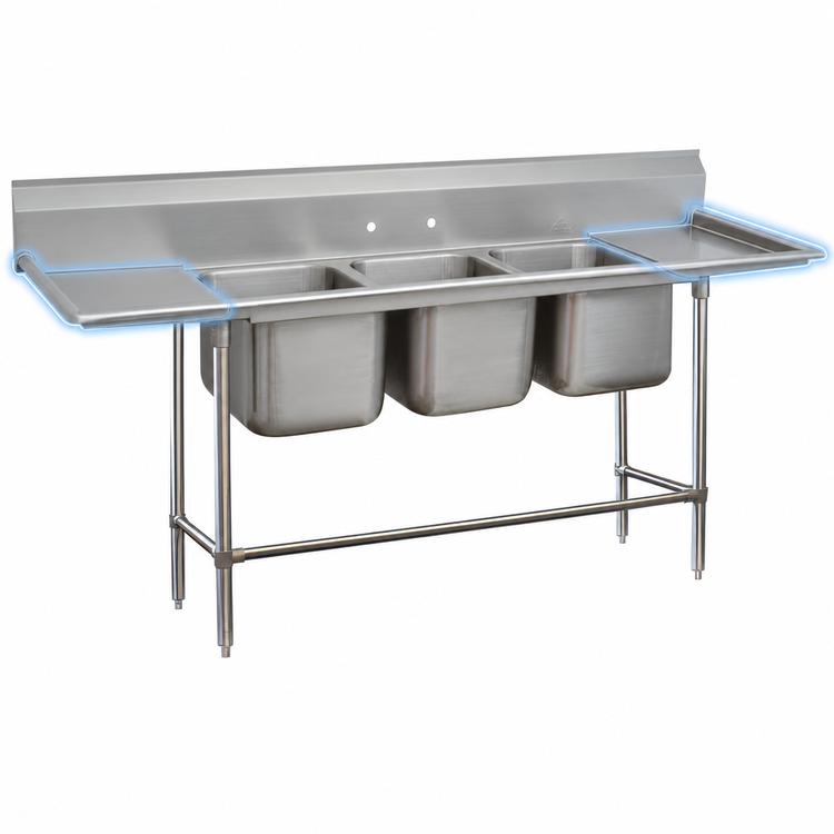 Product image #3 for Advance Tabco Regaline 3-Compartment Sink with Left & Right 18-Inch Drainboards, 20" x 28" Bowls, 14-Gauge 304 Stainless Steel