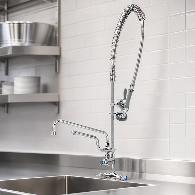 Product image #3 for T&S Brass UltraRinse Single-Hole Deck Mount Mixing Faucet with 12-Inch Swing Nozzle and Pre-Rinse Sprayer