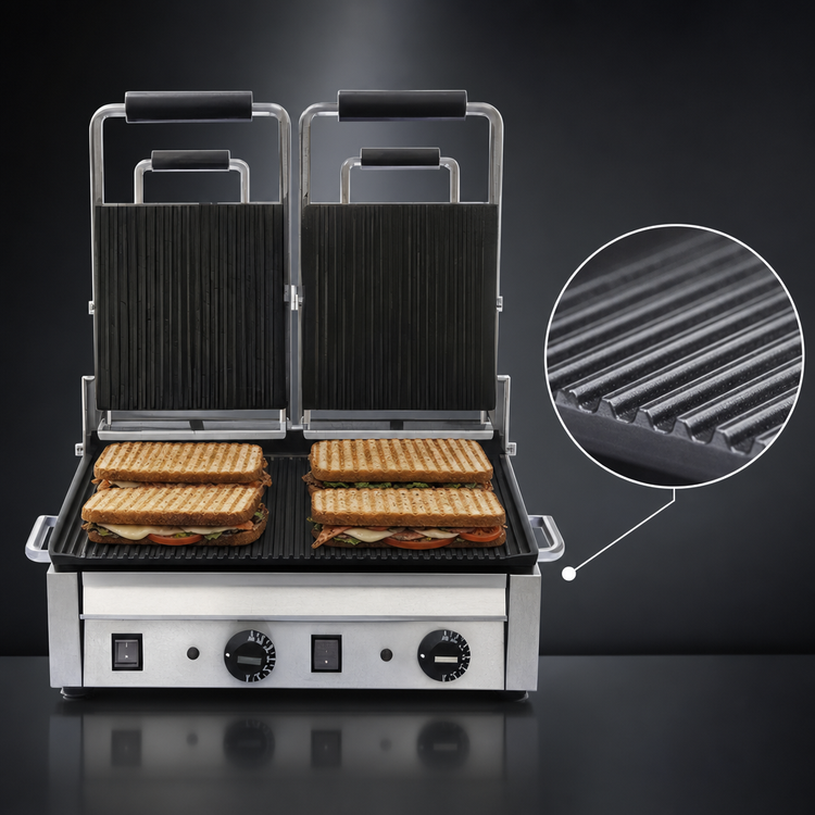 Product image #3 for Omcan Double Countertop Panini Grill with Grooved Cast Iron Top & Bottom Plates, 10 x 18 Inch, 220V