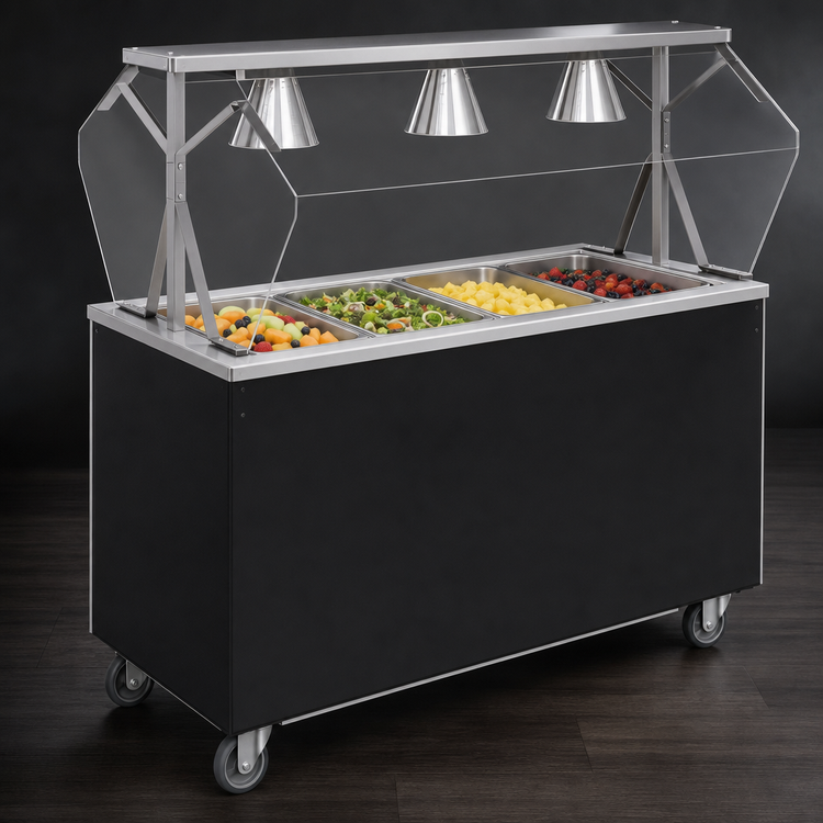 Product image #3 for Vollrath 2-Series Affordable Portable 60-Inch 4-Pan Non-Refrigerated Cold Food Station with Buffet Breath Guard, Lights, and Open Storage Base