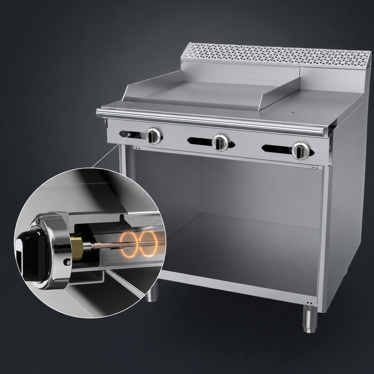 Product image #3 for Garland Cuisine Series 36-Inch Gas Heavy Duty Combination Top Range with Thermostatic 24-Inch Griddle, 12-Inch Hot Top, and Storage Base