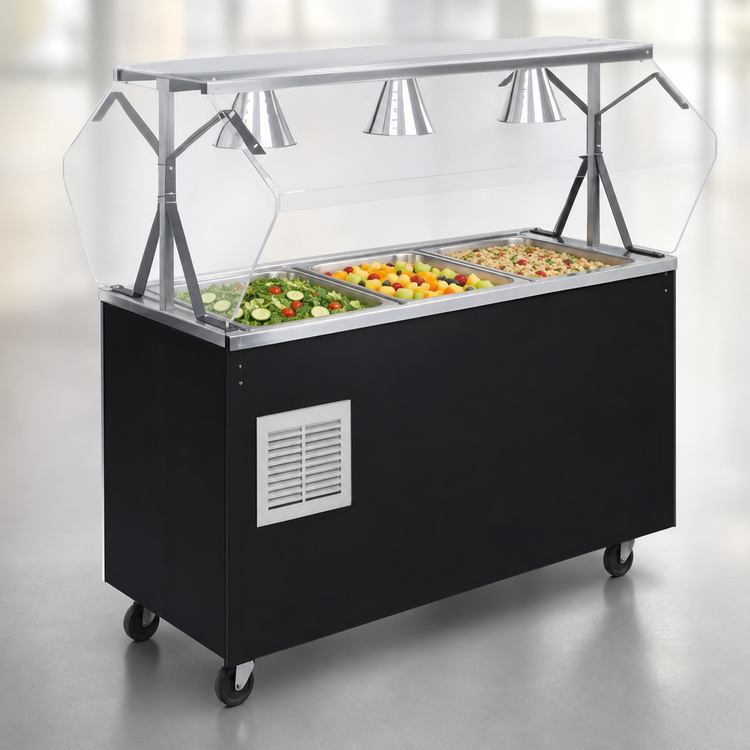 Product image #3 for Vollrath 2-Series Affordable Portable Refrigerated 3-Pan Cold Food Pan Buffet Station with Breath Guard and Sliding-Door Storage Base