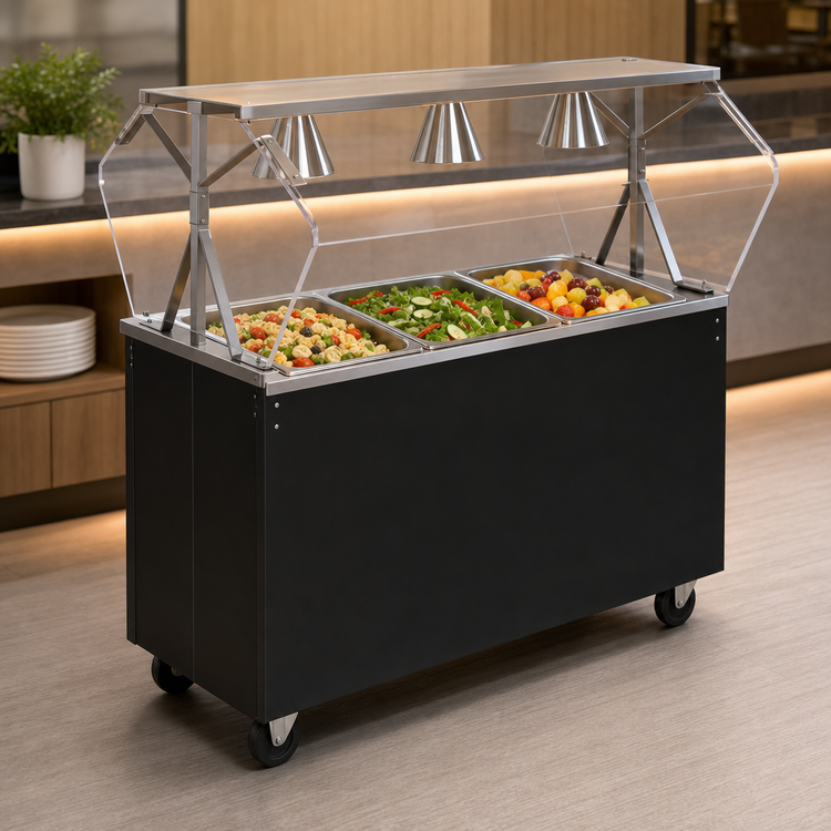 Product image #3 for 2-Series Affordable Portable 3-Pan Non-Refrigerated Cold Food Station with Acrylic Buffet Breath Guard and Sliding Door Storage Base, 46 Inch, Black