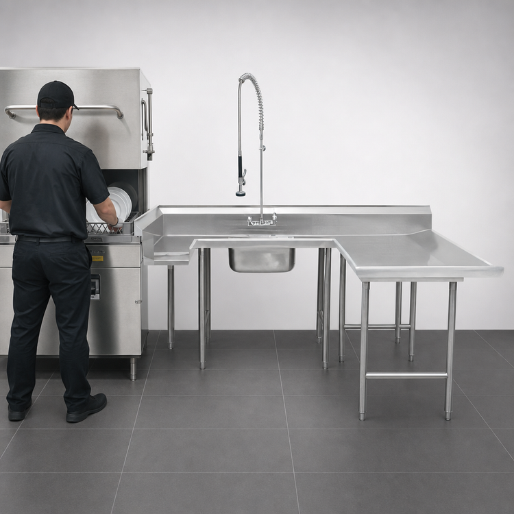 Product image #3 for Advance Tabco U-Shaped Right-To-Left Soiled Dishtable with Pre-Rinse Sink, 108 x 84 Inches