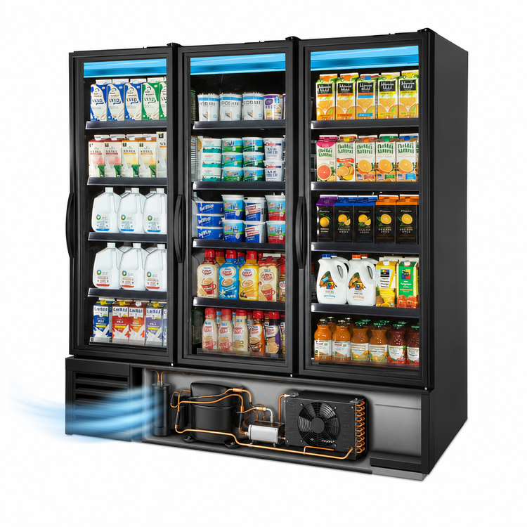 Product image #3 for True Three-Section Full-Length Glass Door Refrigerated Merchandiser with 12 Shelves, Black Exterior