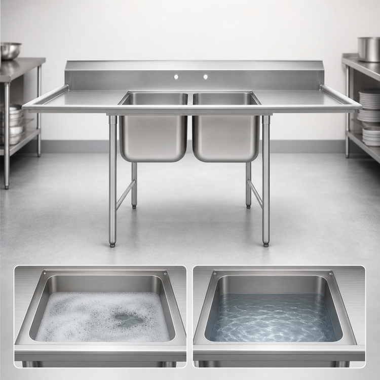 Product image #3 for Eagle Group 2-Compartment Stainless Steel Sink with Left and Right Drainboards, 96-1/2 Inch Wide