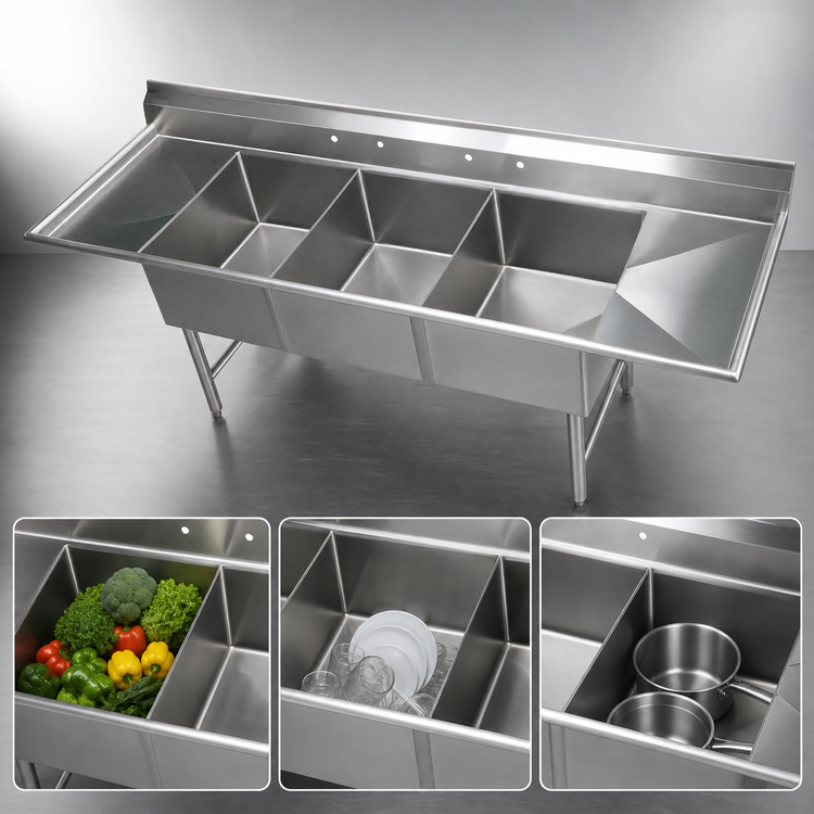 Product image #3 for Elite 3-Compartment 16-Gauge Stainless Steel Sink with Double Drainboards, 114 Inch Wide