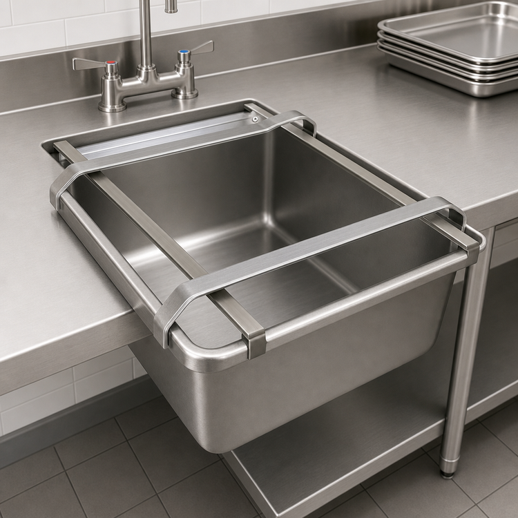 Product image #3 for BK Resources Rack Slide Tray Guide for 20" W x 18" D Sink Bowls, 304 Stainless Steel