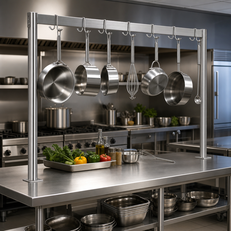 Product image #3 for Table-Mounted Single-Bar Stainless Steel Pot Rack with 11 Double Hooks, 127-1/4 Inch x 1-5/8 Inch x 48 Inch
