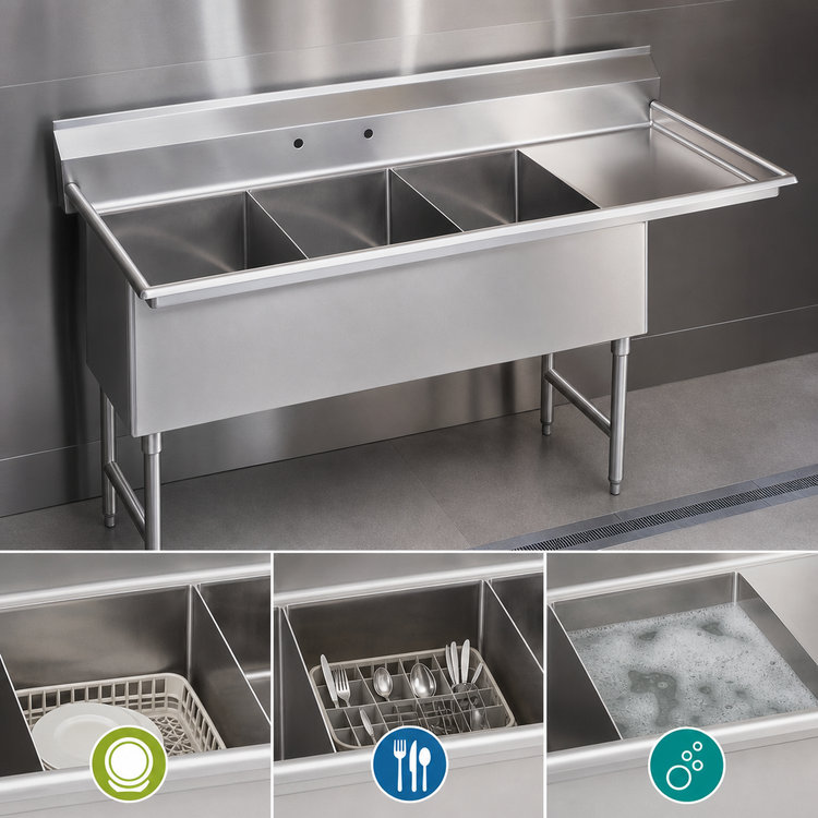 Product image #3 for Advance Tabco 3-Compartment Fabricated Sink with 36-Inch Right-Hand Drainboard, 24 x 30 x 14-Inch Bowls