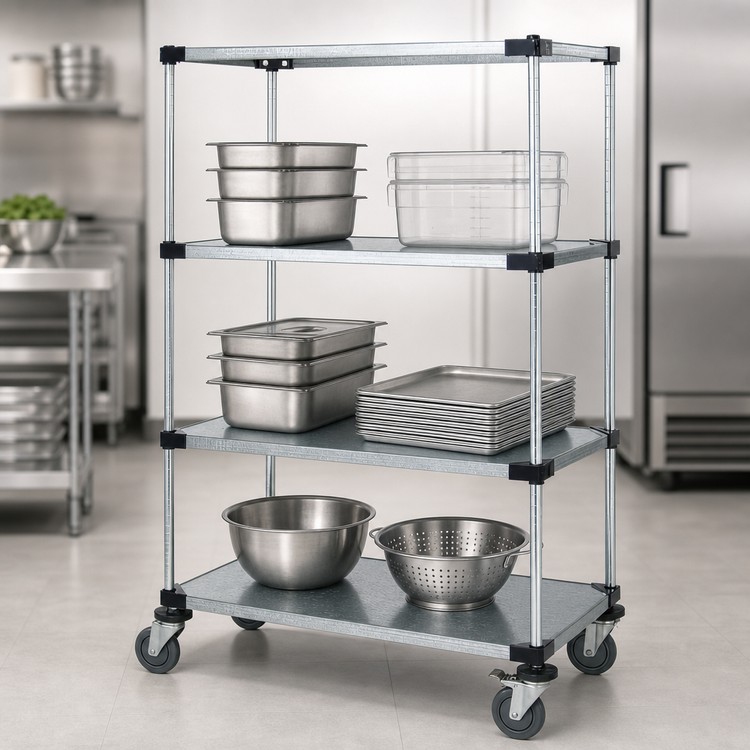 Product image #3 for Quantum Mobile Wire Shelving Cart with 4 Solid Galvanized Steel Shelves, 36" x 24" x 80"