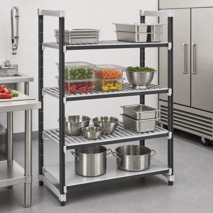 Product image #3 for Cambro Camshelving Elements XTRA 4-Shelf Stationary Starter Unit, 24" Deep x 60" Wide x 64" High, Vented and Solid Shelves