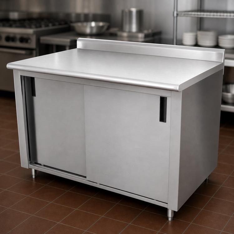 Product image #3 for Advance Tabco 60-Inch x 30-Inch Enclosed Work Table with Sliding Door Cabinet Base and 14 Gauge 304 Stainless Steel Top