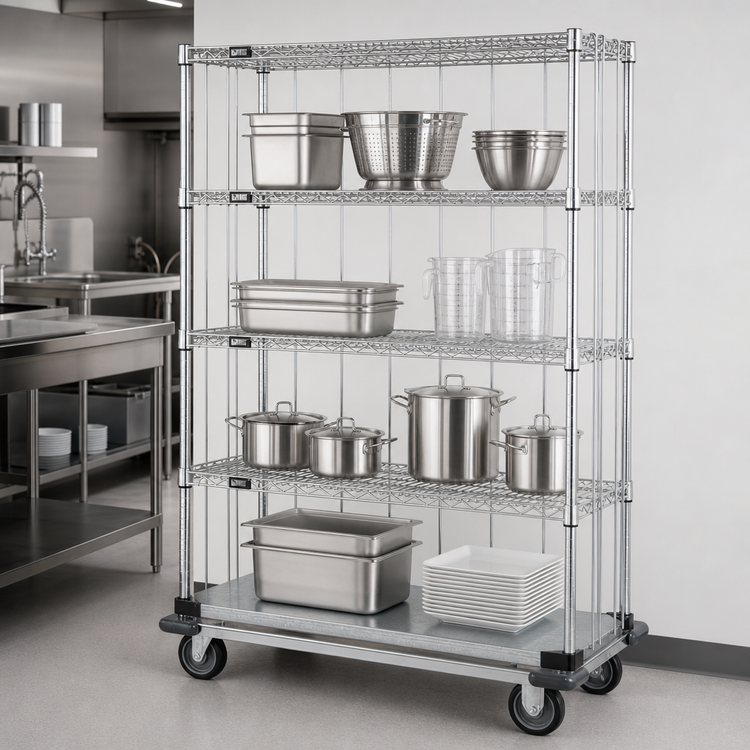 Product image #3 for Quantum 48 Inch x 18 Inch Mobile Enclosure Cart, 4-Shelf Wire Shelving Unit, Chrome-Plated Finish