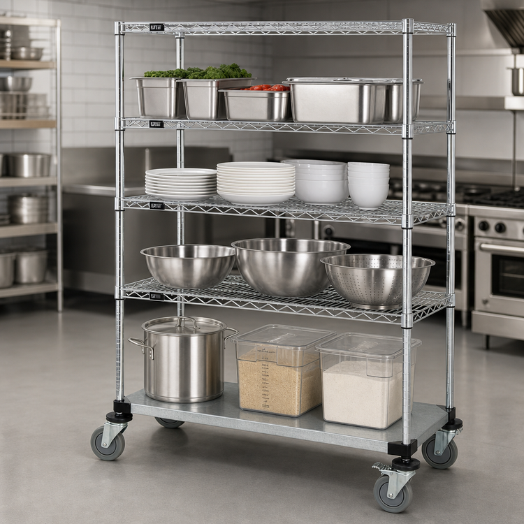 Product image #3 for Quantum 60"W x 18"D x 80"H Mobile Wire Shelving Cart with 4 Shelves, Casters, and Chrome Plated Finish