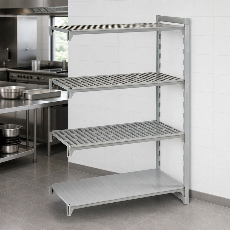 Product image #4 for Cambro Camshelving Premium 21 x 72 x 84 Inch 4-Tier Add-On Polymer Shelving Unit, Vented and Solid, Speckled Gray