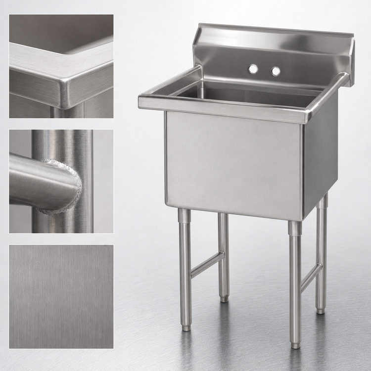 Product image #3 for Advance Tabco Special Value Series 1-Compartment Fabricated Sink with Legs, 16-Gauge 304 Stainless Steel, 16" x 20" Bowl, No Drainboards