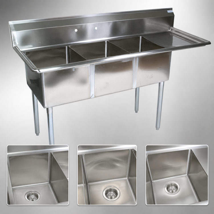 Product image #3 for John Boos E-Series 3-Compartment Stainless Steel Sink with Right Drainboard, 74-1/2 Inch Wide