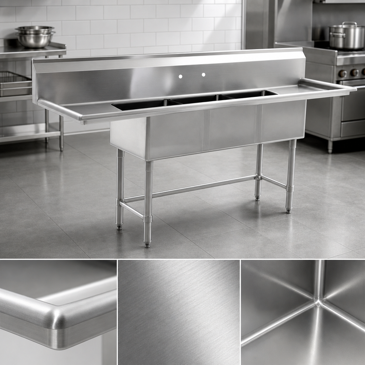 Product image #3 for BlendPort BPFC Series Freestanding 3-Compartment Stainless Steel Sink with 2 Drainboards, 15-Inch x 15-Inch Bowls