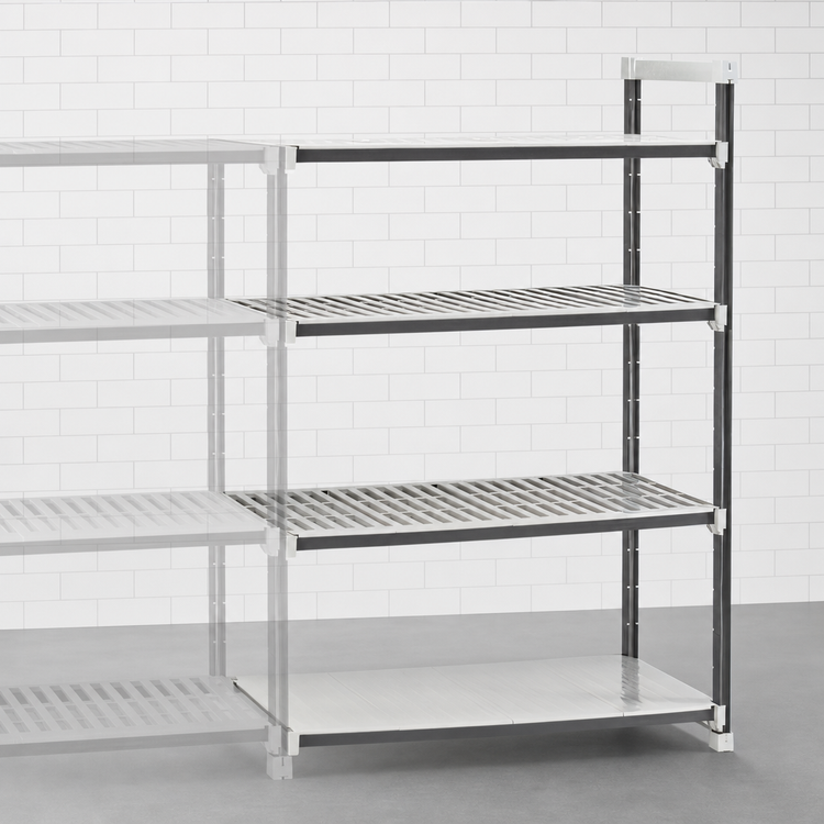 Product image #3 for Cambro Camshelving Elements XTRA Stationary Add-On Polymer Shelving Unit, 18"D x 72"L x 84"H, 4-Shelf, Vented/Solid, Speckled Gray