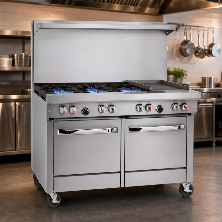 Product image #3 for Southbend S-Series 48-Inch Gas Restaurant Range with 4 Open Burners, 24-Inch Griddle, Convection Oven, and Cabinet Base