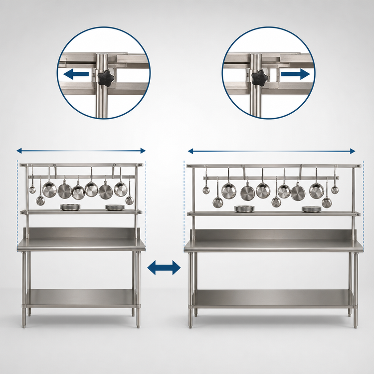 Product image #3 for Advance Tabco Adjustable Table-Mounted Stainless Steel Utensil Rack, 84 Inches Long, with 9 Plated Pot Hooks