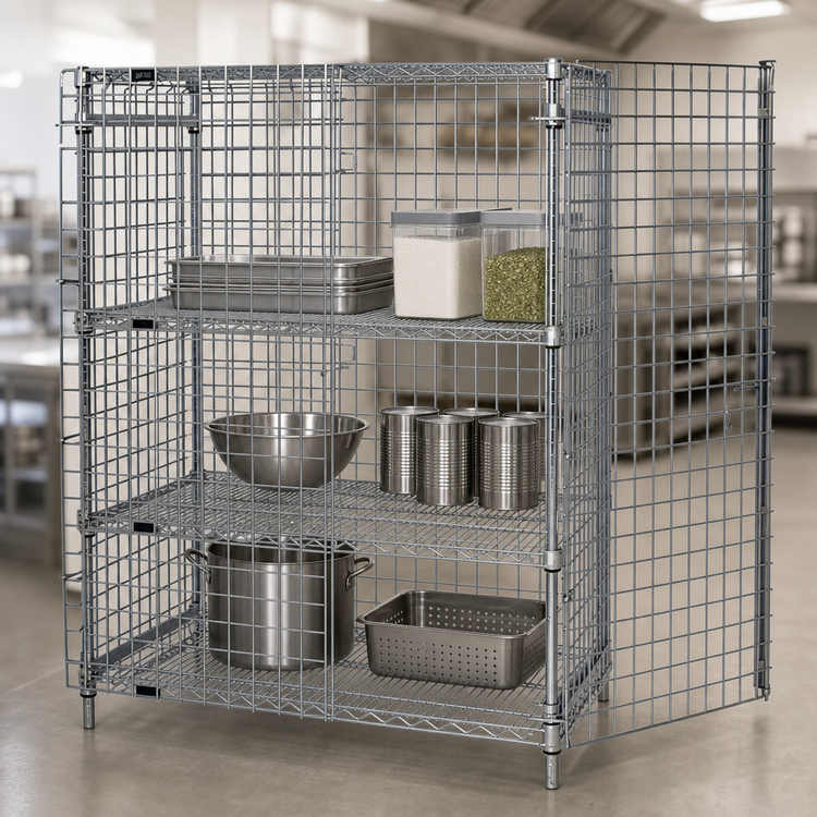 Product image #3 for Quantum Stationary Wire Security Cage with 2 Intermediate Shelves, Chrome, 60"W x 24"D x 63"H