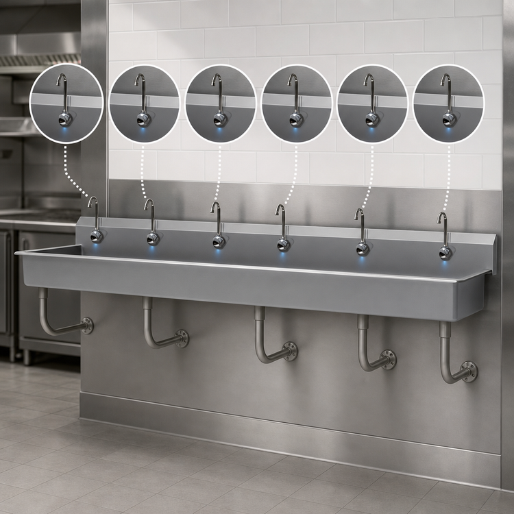 Product image #3 for Advance Tabco FC-WM-120EFADA 120 Inch Wide Wall-Mounted Multiwash Hand Sink with 6 Electronic Faucets