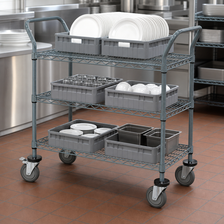 Product image #3 for Quantum 30-Inch Wide 3-Shelf Utility Bus Cart with U-Handles, Gray Epoxy Antimicrobial Finish