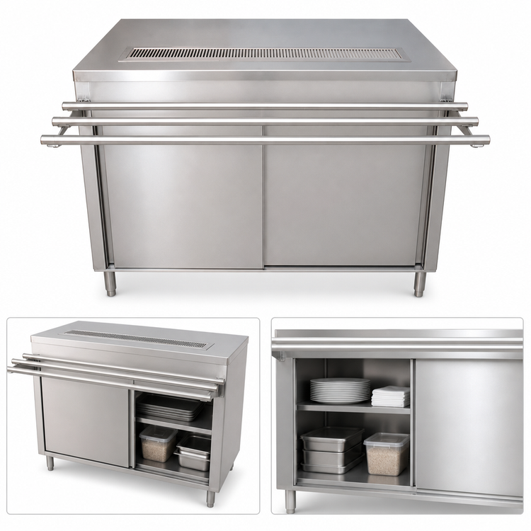 Product image #3 for Cashier-Serve Stainless Steel Serving Counter with Sliding Doors and Door-Side Urn Trough, 48 Inch W x 30 Inch D