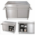 Thumbnail image #3 for BK Resources US-3048C-S Cashier-Serve Stainless Steel Serving Counter with Sliding Doors and Door-Side Urn Trough, 48W x 30D x 34-3/4H