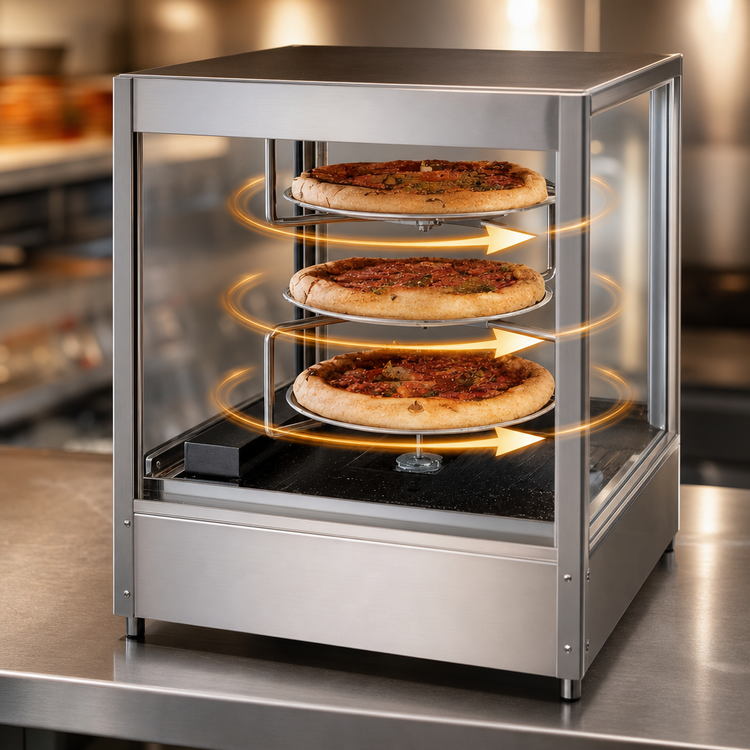 Product image #3 for Doyon Countertop Hot Food Display Case with Rotating Three-Tier Rack, 3-Pizza Capacity