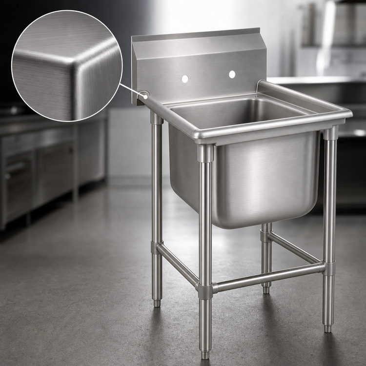Product image #3 for Advance Tabco Regaline Spec-Line 94 Series Commercial 1-Compartment Sink, 24 x 24 x 14 Bowl, 14 Gauge 304 Stainless Steel, 11-Inch Splash