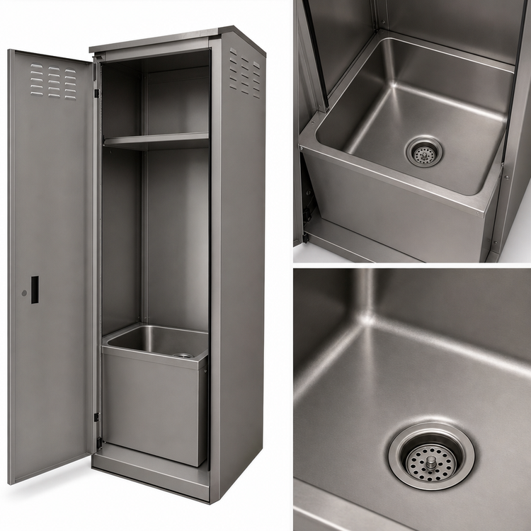 Product image #4 for Advance Tabco Stainless Steel Single-Door Mop Sink Cabinet with 16 x 20 x 12 Bowl, 25-3/16"W x 23"D x 84"H